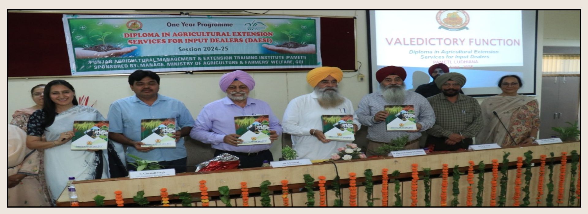 S. Gurmeet Singh Khuddian, Honourable Minister of Agriculture, Punjab; Dr Satbir Singh Gosal, Vice-chancellor, PAU, Ludhiana, Director PAMETI and officials from Department of Agriculture and Farmers’ Welfare, Punjab during release of book titled "“ਵਿਗਿਆਨਕ ਖੇਤੀ ਅਤੇ ਪਸਾਰ ਸੇਵਾਵਾਂ”"